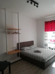 ローマにあるMurena Apartments & roomsのベッドルーム1室(ベッド1台、赤いカーテン付)