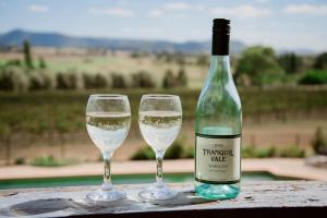 two glasses of white wine sitting on a table at Tranquil Vale Vineyard in Luskintyre