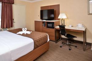 a hotel room with a bed and a desk with a computer at Best Western Hollywood Plaza Inn Hotel - Hollywood Walk of Fame LA in Los Angeles