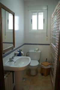 a bathroom with a sink and a toilet and two windows at Rural Apartments overlooking the Lake. in Ardales