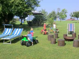 un gruppo di bambini che giocano su automobili giocattolo nell’erba di Appartement Landhaus Felsenkeller a Sankt Kanzian