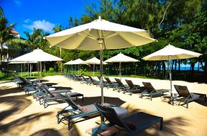 a row of chairs and umbrellas on a beach at Tarisa Resort & Spa in Mont Choisy