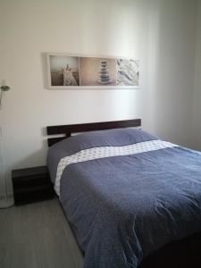 a bedroom with a bed with a blue blanket at 6 Rue de Castillon Appartement in Beausoleil