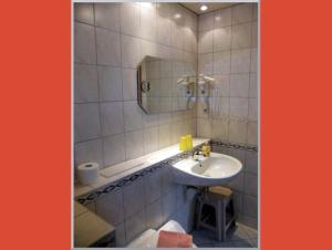 W łazience znajduje się umywalka i lustro. w obiekcie Gasthof-Pension Rotes Haus w mieście Kurort Oberwiesenthal