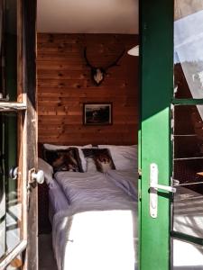 Bett in einem Zimmer mit grüner Tür in der Unterkunft Weigl Hütte Semmering in Semmering