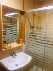 a bathroom with a sink and a glass shower at Apartament Vall d'Àger II in Ager