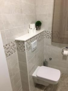 Baño blanco con aseo y espejo en Apartments Kursan, en Seget Vranjica