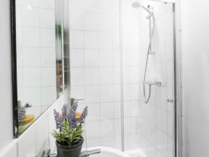 a bathroom with a shower and a sink with a potted plant at Central Stamford Townhouse With Parking in Stamford +35 photos