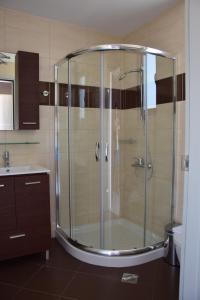 eine Dusche mit Glastür im Badezimmer in der Unterkunft Plytra Mare Hotel in Plitra + 63 Fotos