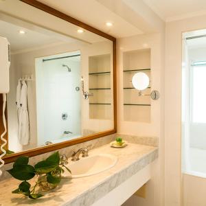 a bathroom with a sink and a large mirror at Irotama Apartasuites in Santa Marta