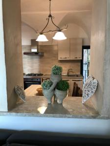 a kitchen with two vases with plants on a table at Casa Cardi in Sperlonga