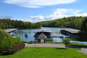 a view of a lake with a dock at Boundary Waters Resort & Marina in Hiawassee