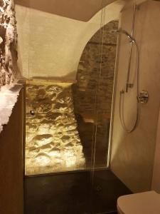 a bathroom with a shower with a stone wall at Loft al mare in San Lorenzo al Mare