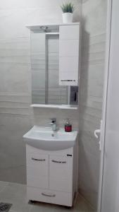 ein Badezimmer mit einem weißen Waschbecken und einem Spiegel in der Unterkunft The House Apartments & Guest Rooms in Ohrid
