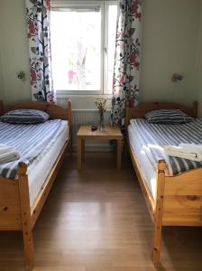 two twin beds in a room with a window at Solviken Tranås Hostel in Tranås