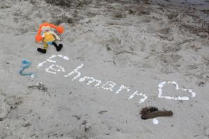 Ein Spielzeugclown im Sand mit dem Wort Geburtstag. in der Unterkunft Haus Marinus in Puttgarden