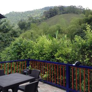 a balcony with a table and a view of a hill at Finca El Sueño De Mi Abuelo in Pereira