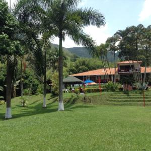 a park with palm trees and a house in the background at Finca El Sueño De Mi Abuelo in Pereira