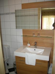 a bathroom with a sink and a mirror and a toilet at Pension Arkadenhof in Premstätten