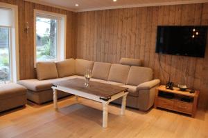 ein Wohnzimmer mit einem Sofa und einem Tisch in der Unterkunft Geilotunet H224 - 6 person apartment in Geilo