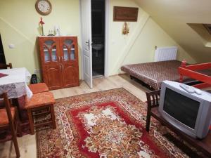 ein Wohnzimmer mit einem TV und einem Teppich in der Unterkunft Royal Court Apartman - HU registered IntStud Apartman in Szekszárd