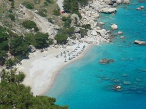 a group of birds sitting on a beach at Aperi View in Karpathos