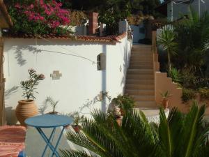 a white building with a blue table and some plants at Aperi View in Karpathos