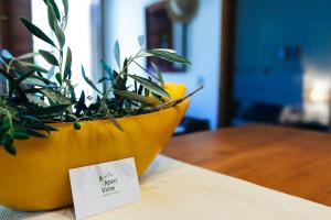 a plant in a yellow pot sitting on a table at Aperi View in Karpathos
