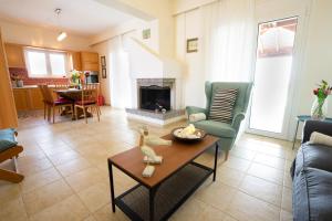 een woonkamer met een bank en een open haard bij Alkion Villa in Gennadi