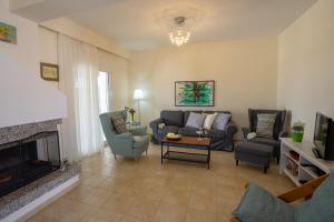 een woonkamer met een bank en stoelen en een open haard bij Alkion Villa in Gennadi