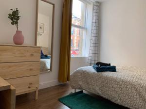 a bedroom with a bed and a dresser and a mirror at GRANBY APARTMENTS in Leicester
