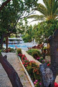 a garden with flowers next to a swimming pool at Green Village in Xylokastron