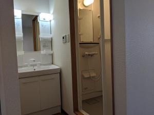 ein kleines Bad mit einem Waschbecken und einem Spiegel in der Unterkunft 街のホテル in Fujiyoshida