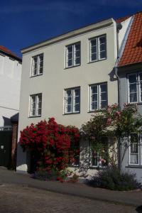 una casa blanca con flores rojas delante en Gästehaus am Krähenteich, en Lübeck