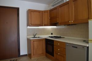 La cuisine est équipée de placards en bois et d'un four avec plaques de cuisson. dans l'établissement Dolomiti Apart, à Balbido-rango