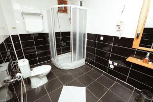 ディヤルバクルにあるDiyarbakır otelの黒と白のバスルーム(トイレ、シャワー付)