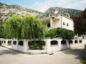 a building with a tree in front of a mountain at Villa Teuta in Risan