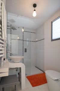 Aumelas的住宿－麥斯塞恩旅館，带淋浴、盥洗盆和卫生间的浴室