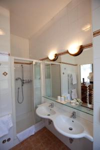 uma casa de banho com um lavatório, um chuveiro e um espelho. em Hotel Villa Westend em Merano