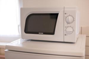 a microwave oven sitting on top of a refrigerator at Apartments Braut Krk in Krk