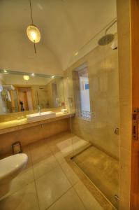 a bathroom with a shower and a sink and a toilet at Shams Alam Beach Resort in Abū Ghuşūn