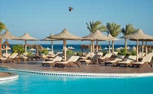 a row of chairs and umbrellas next to a swimming pool at Shams Alam Beach Resort in Abū Ghuşūn