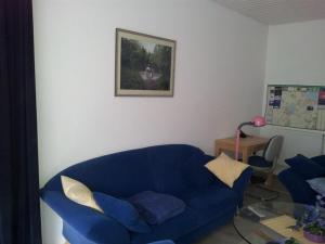 ein Wohnzimmer mit einem blauen Sofa und einem Tisch in der Unterkunft Ferienhaus Alte Straße in Bad Zwischenahn