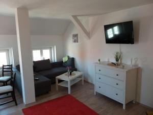 韋尼格羅德的住宿－Fewo kleine Oase，客厅配有沙发和墙上的电视