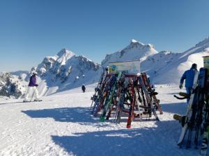 - un tas de skis sur un support sur une piste de ski dans l'établissement Ferienhof Am Holderbusch, à Füssen