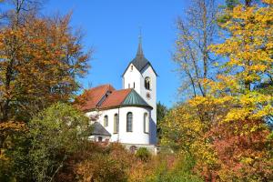 a church with a steeple on a hill with trees at Ferienhof Am Holderbusch in Füssen