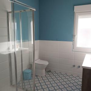 een badkamer met toilet en glazen douche bij Casa Mallou in San Mamede de Carnota