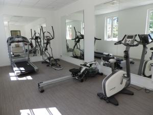 - une salle de sport avec plusieurs vélos d'exercice et miroirs dans l'établissement Chateau La Cheneviere, à Port-en-Bessin-Huppain