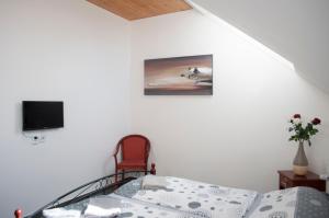 1 dormitorio con 1 cama y TV en la pared en Ubytovna Statek Olomouc, en Olomouc