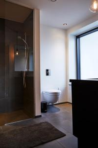 a bathroom with a shower with a tub and a toilet at Amaliegade 10 B in Aarhus